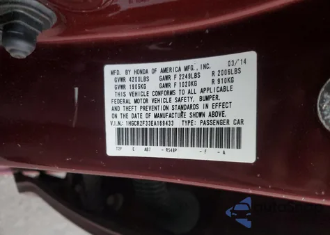 2014 Honda Accord Lx из США, поврежденный, VIN 1HGCR2F33EA169433